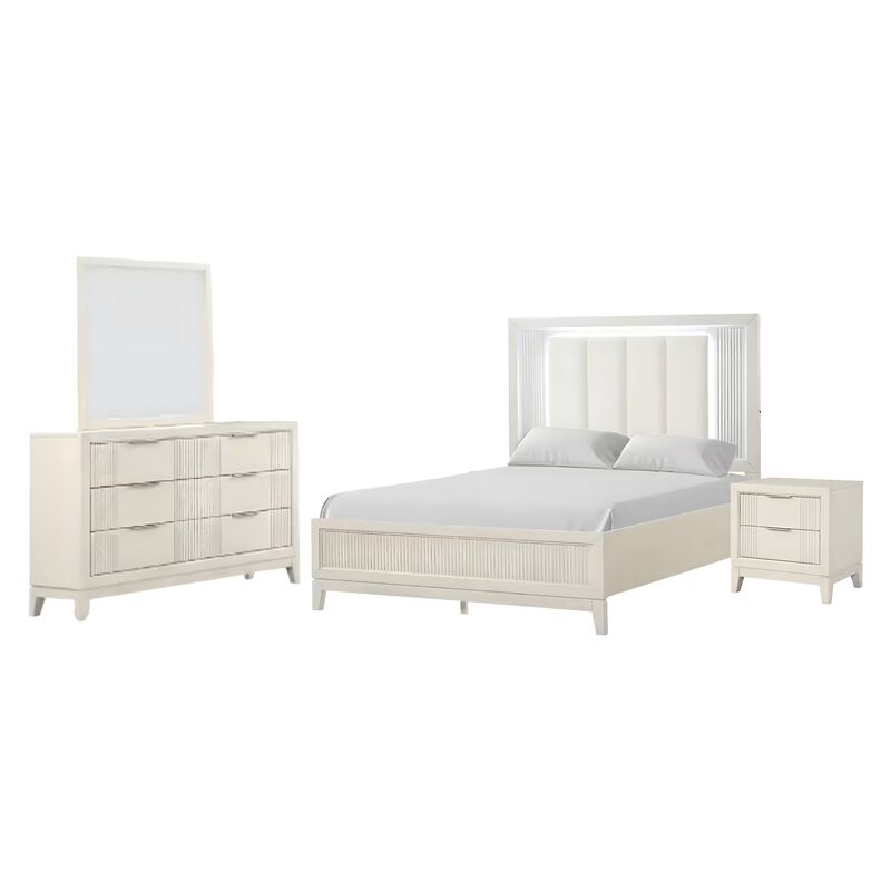 Toi 4pc Queen Bedroom Set w Dresser Mirror, Fluted LED, White Upholstery image number 0