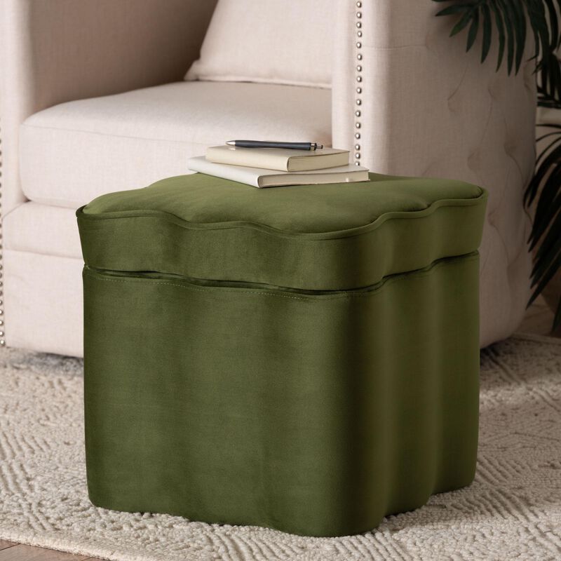 Baxton Studio Paulina Velvet Storage Ottoman - Lid Top Accent Stool with Interior Storage and Scalloped Outline for Bedroom or Living Room image number 4
