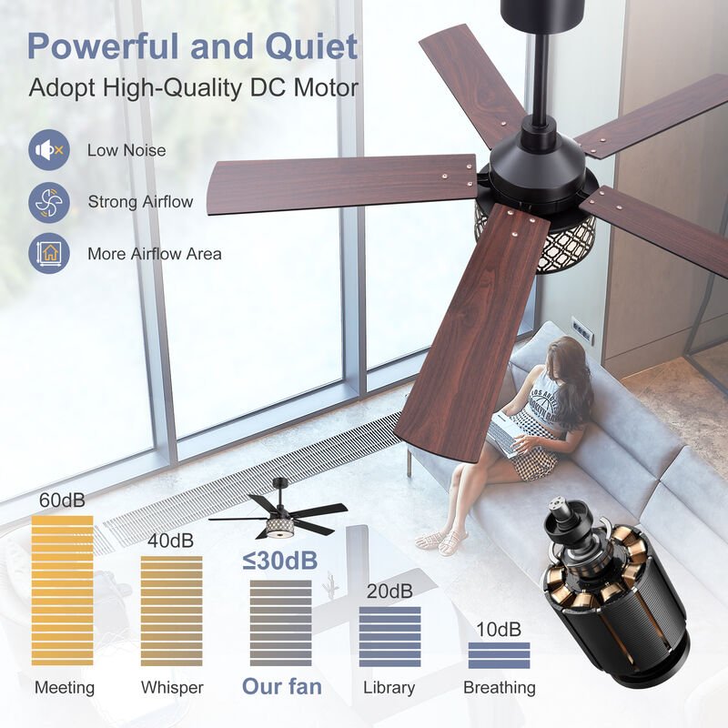 Breezary 52" Ceiling Fan with Lights, 2 E26 Bulbs Required,Remote, 6 Speeds image number 4