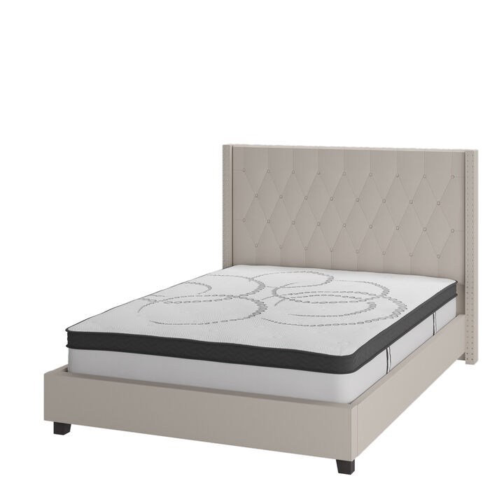 Riverdale Queen Size Tufted Upholstered Platform Bed in Beige Fabric with 10 Inch CertiPUR-US Certified Pocket Spring Mattress