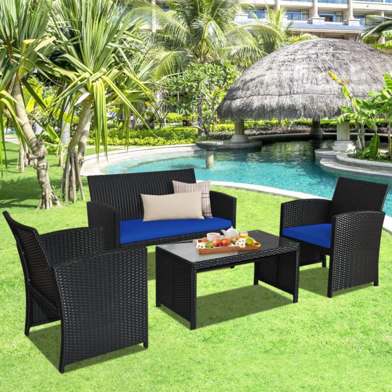 Hivvago 4 Pieces Rattan Patio Furniture Set with Weather Resistant Cushions and Tempered Glass Tabletop
