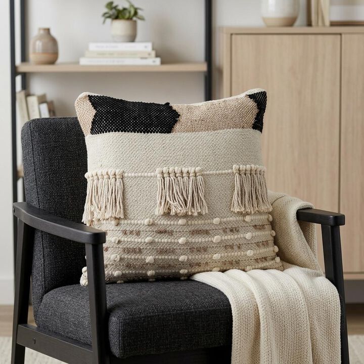 HomeRoots 18" Beige and Gold Striped Cotton Blend Throw Pillow With Fringe