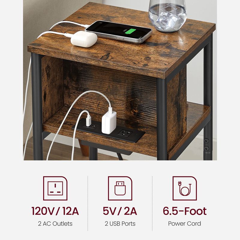 Side Table with Charging Station - 3-Tier End Table with USB Ports and Outlets for Convenient Charging