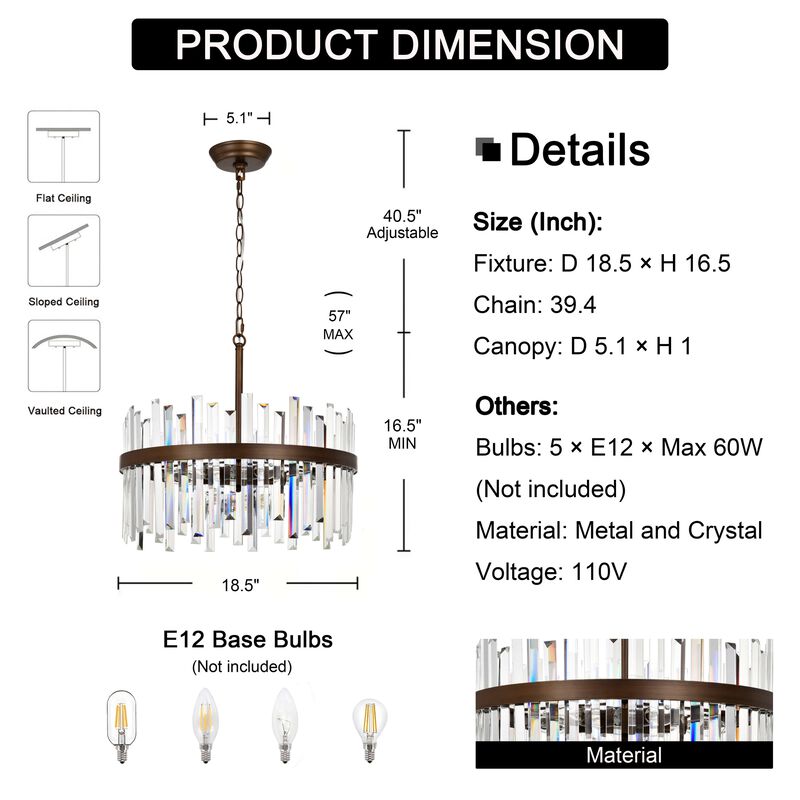 Candela Satin Bronze Finish 5-light Drum Crystal Glass Chandelier image number 2