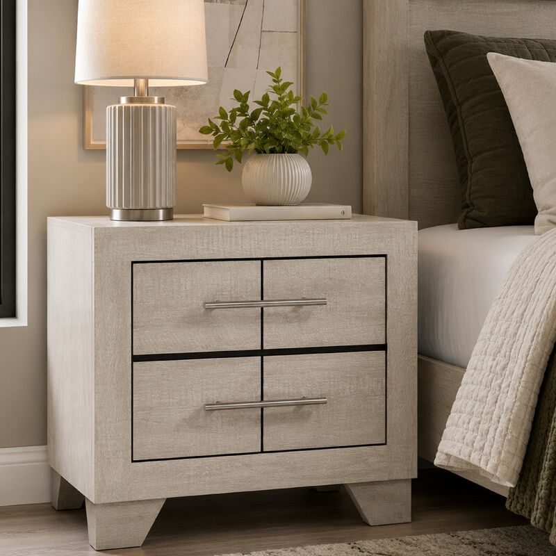 Qanto Rustic Nightstand with 2 Drawers, Chrome Handles, Cream Wood image number 8
