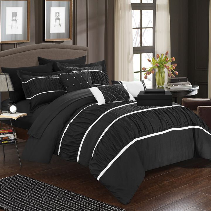 Chic Home Stieg 10 Pieces Comforter Set Complete BIB Pleated Ruched Ruffled Bedding With Sheet Set & Decorative Pillows Shams - Queen 90x90, Black