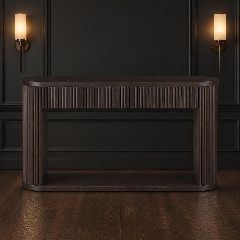 GOODSILO Oval Fluted Console Table with 2 Drawers & Bottom Shelf, Wood Entryway Table with Metal Slides for Living Room Entryway image number 2