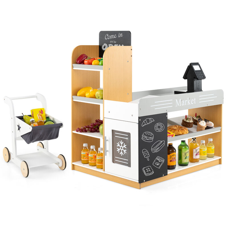 Kids Grocery Store Toy Set with Shopping Cart and 2 Chalkboards for Playtime image number 0