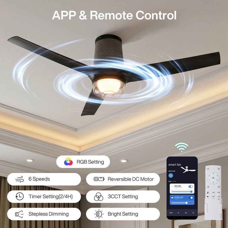 Flush Mount Ceiling Fan with Light and Remote, Smart RGB LED, Black image number 7