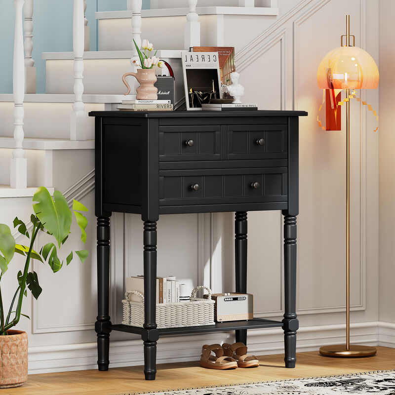 Whisen Narrow Console Table with Three Storage Drawers and Bottom Shelf - Black