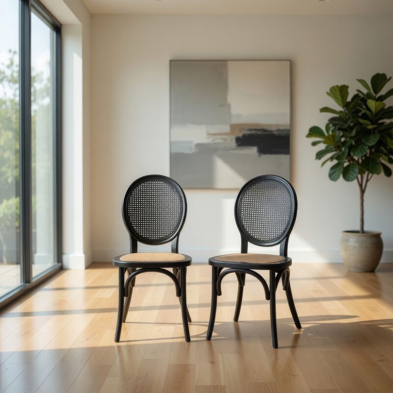 Dining Chair Set of 2, Matte Black Rattan Woven Back and Brown Seat image number 1
