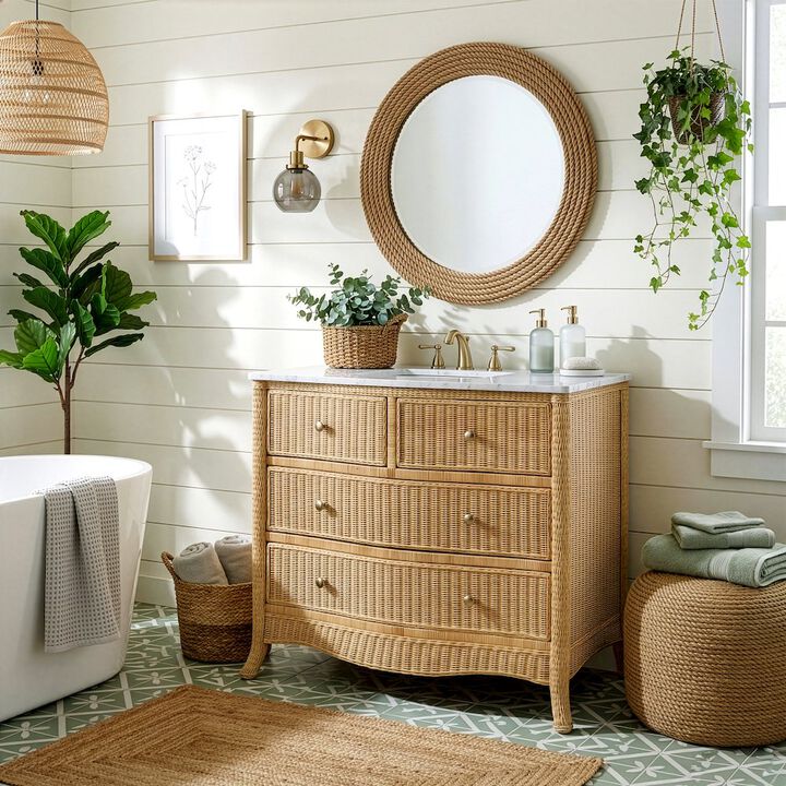 Butler Specialty McLean 42 in. W Marble Top and Rattan 2 Drawer Single Bathroom Vanity,