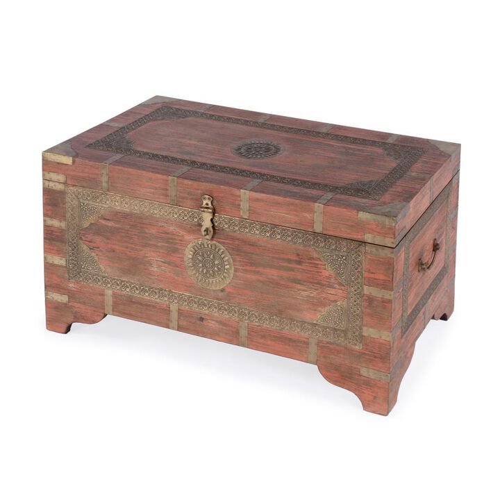 Butler Specialty Nador Hand-Painted Brass Inlay Storage Trunk Coffee Table, Pink