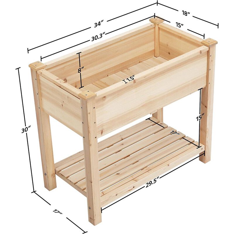Hivvago Solid Wood 2 Tier Raised Garden Bed Planter Bed with Bottom Storage Shelf
