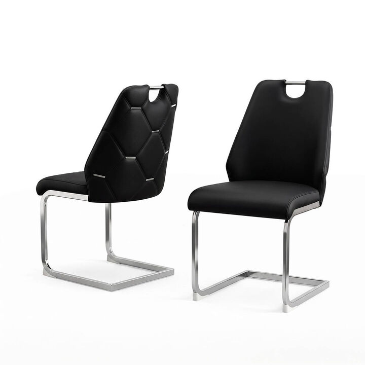 Set of 2 PU Leather Dining Chairs, High Back Upholstered Dining Chair with Ring Pull Handle, Modern Rectangular Back Dining Chair
