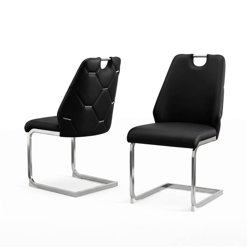 Set of 2 PU Leather Dining Chairs, High Back Upholstered Dining Chair with Ring Pull Handle, Modern Rectangular Back Dining Chair image number 0