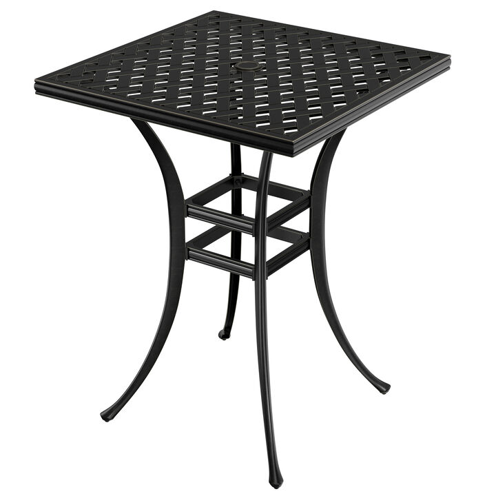 MONDAWE 29" Square Cast Aluminum Outdoor Patio Bistro Bar Table with Umbrella Hole, Black