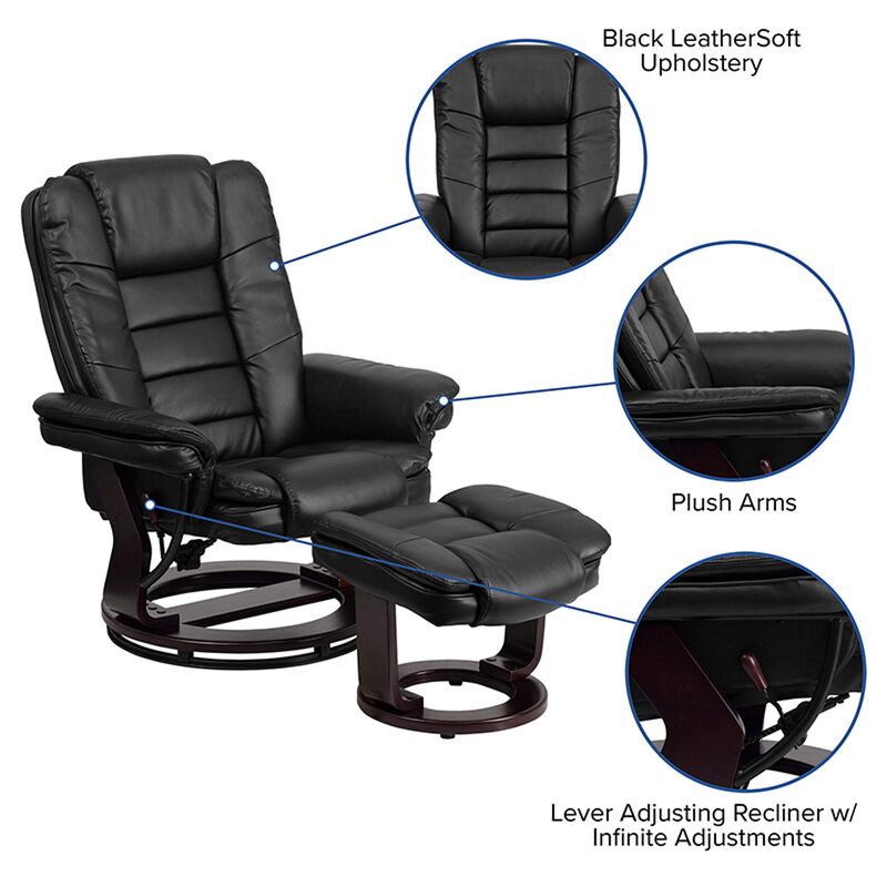 Flash Furniture Bali Contemporary Multi-Position LeatherSoft Recliner Chair with Ottoman, 360-Degree Swivel Recliner Chair and Ottoman Set, Black
