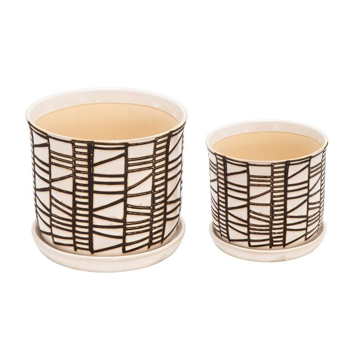Planter with Saucer and Abstract Design, Set of 2, White and Brown-Benzara