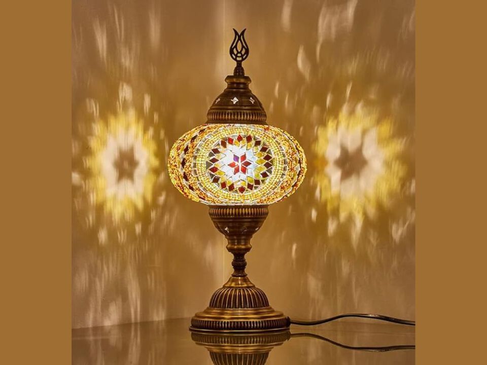 Table Lamp &ndash; 7" Turkish Moroccan Mosaic Globe, Tiffany Glass, 14" Amber Brown