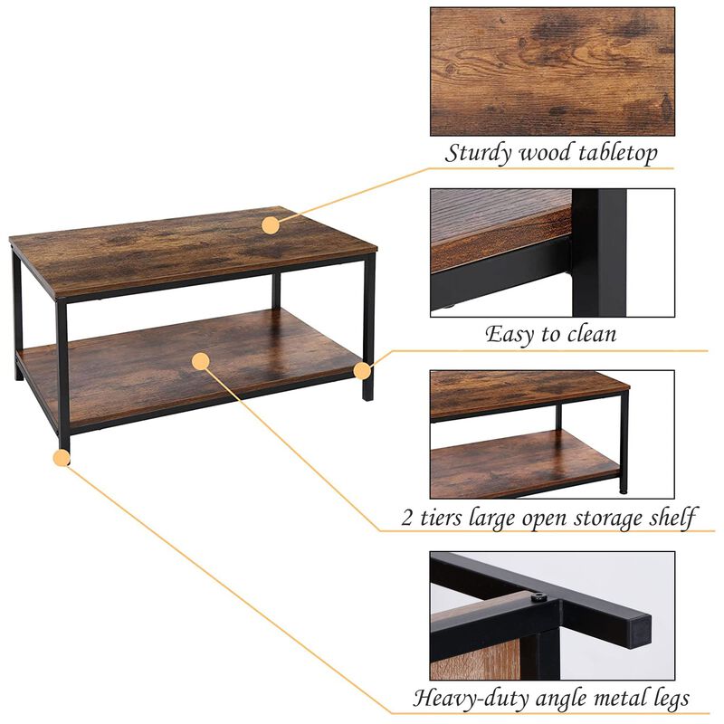 SUPER DEAL 2-Tier Industrial Coffee Table with Storage Shelf for Small Apartment Living Room, Rectangle Wood and Stable Metal TV