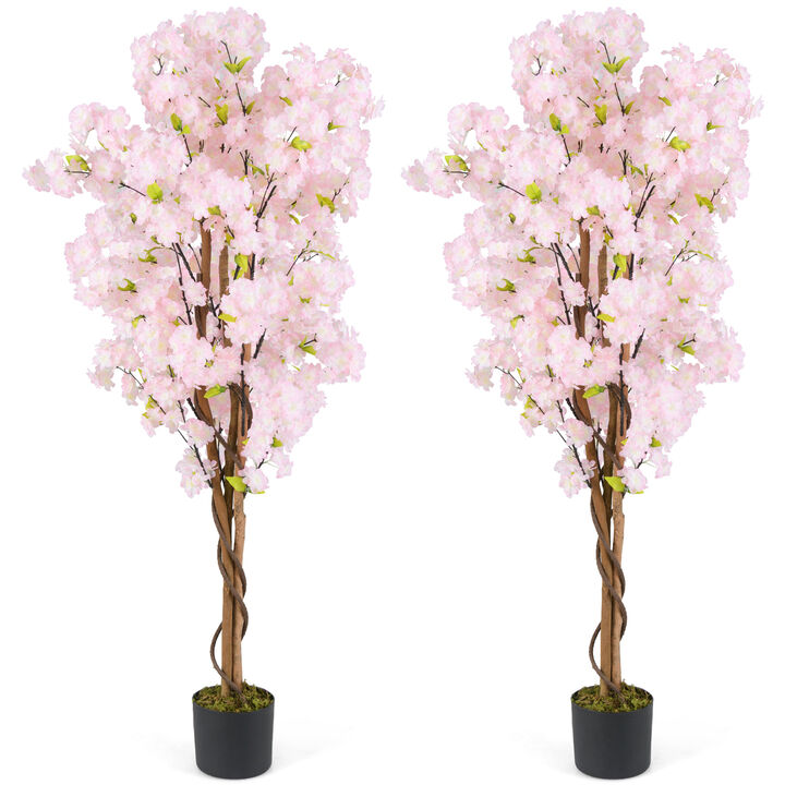 Set of 2 Tall Artificial Cherry Blossom Trees with Pink Blooming Flowers-Pink