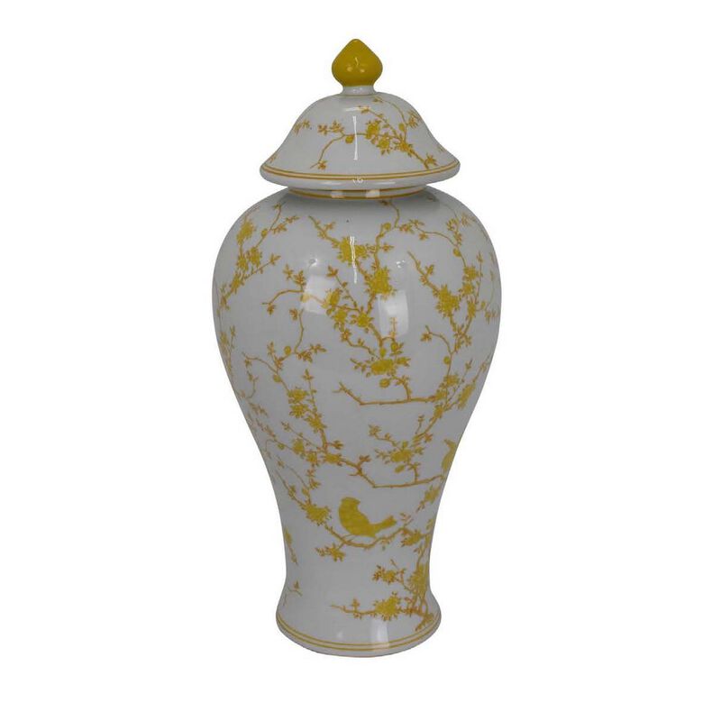 Chris Lidded Accent Jar, Yellow Bird and Floral, White Ceramic 20 Inch - Benzara
