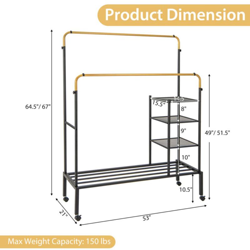 Hivvago Rolling Double Rods Garment Rack with Height Adjustable Hanging Bars
