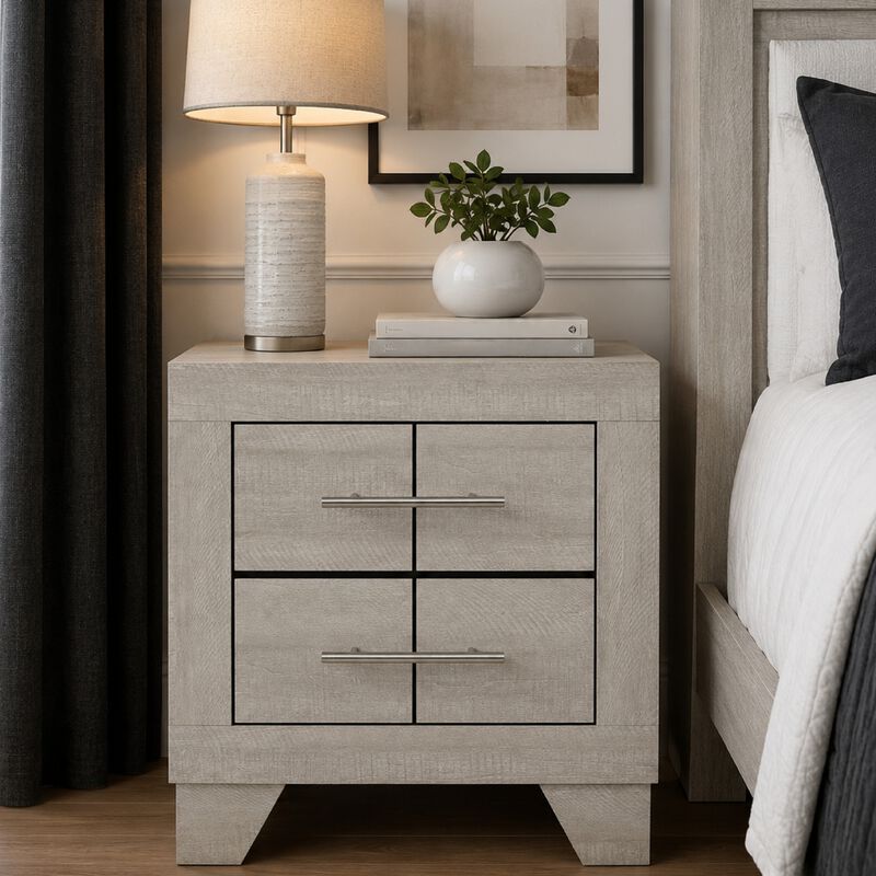 Qanto Rustic Nightstand with 2 Drawers, Chrome Handles, Cream Wood image number 1
