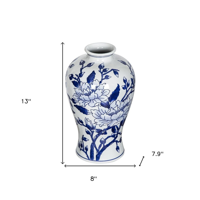HomeRoots 13" Blue And White Floral Chinoiserie Round Porcelain Table Vase image number 6