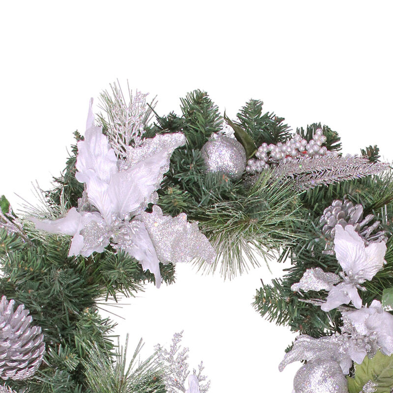 White Poinsettia and Pine Cone Artificial Christmas Wreath  24-Inch  Unlit image number 2