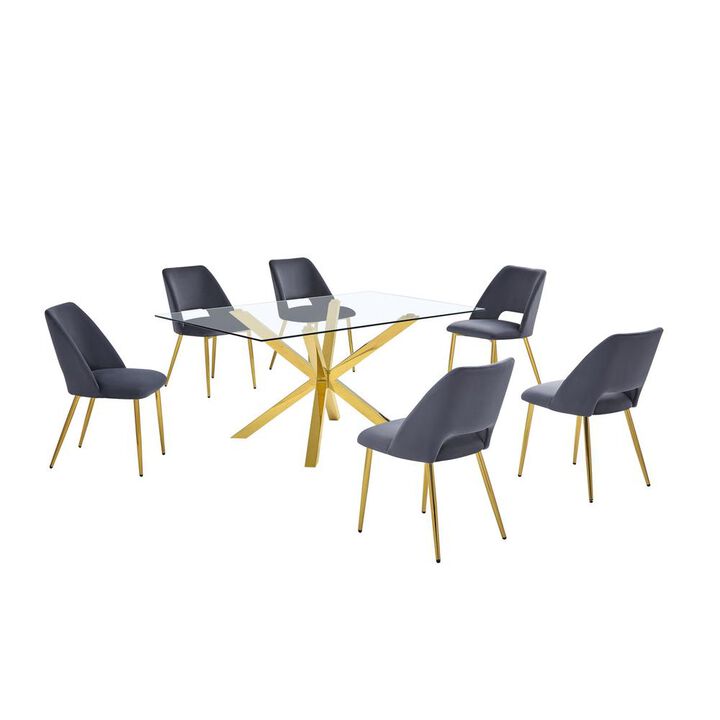 Best Quality Furniture 7pc modern glass dining table with 6 Dark grey side chairs