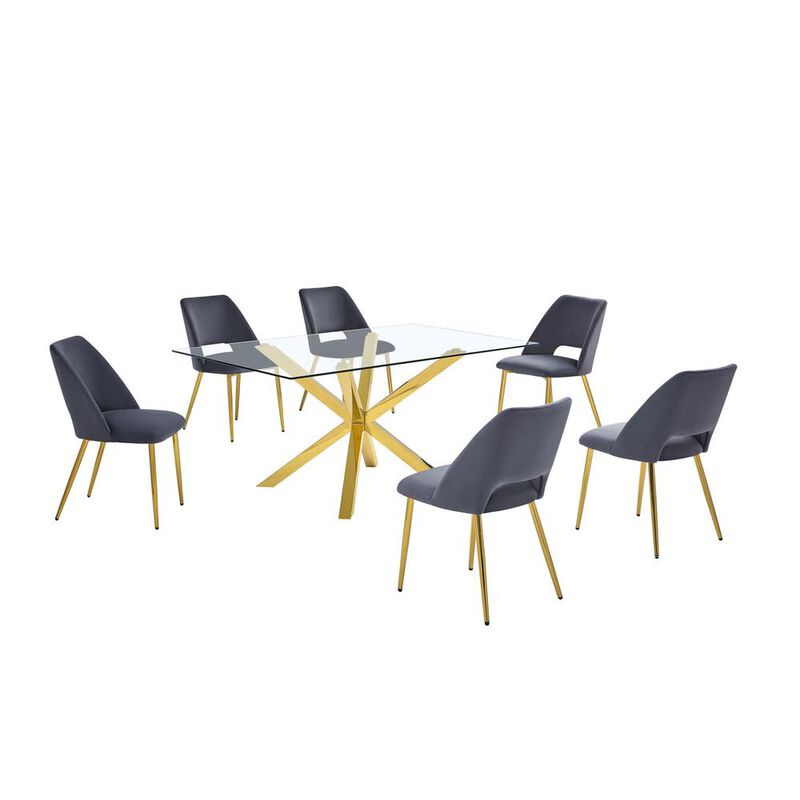 Best Quality Furniture 7pc modern glass dining table with 6 Dark grey side chairs