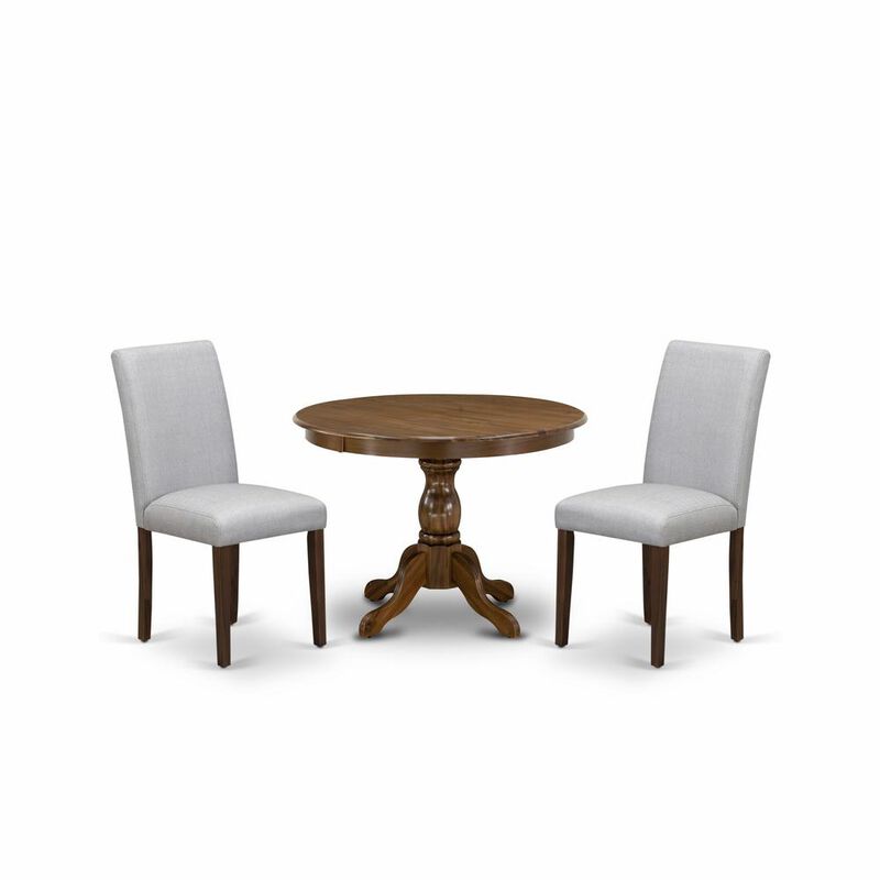 East West Furniture HBAB3-AWA-05 3 Piece Dining Room Table Set - Acacia Walnut Round Dining Table and 2 Grey Linen Fabric Upholstered Dining Chairs with Slatted Back - Acacia Walnut Finish