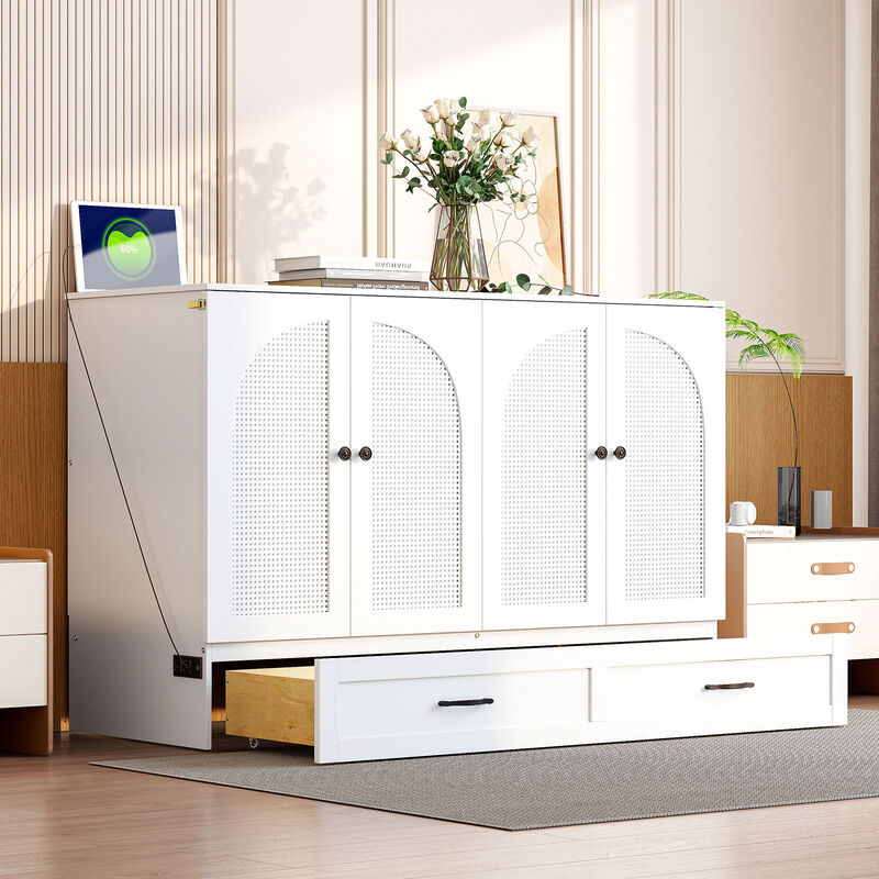 Whisen Modern Design Full Size Murphy Bed, Folded into a Cabinet with Large Drawers