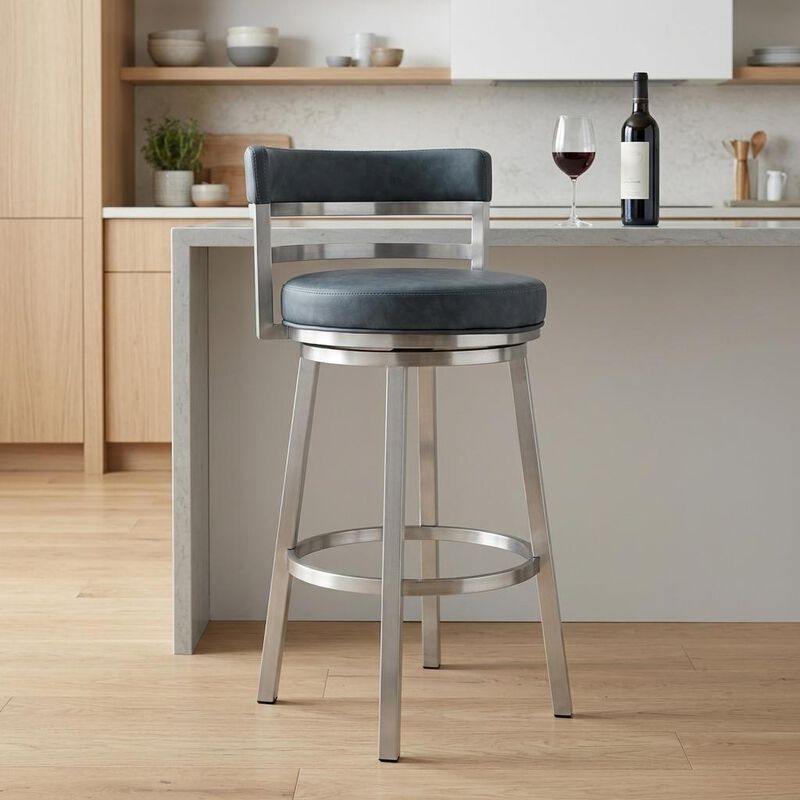 HomeRoots 26" Blue and Silver Faux Leather and Stainless Steel Low Back Counter Height Swivel Bar Chair image number 1