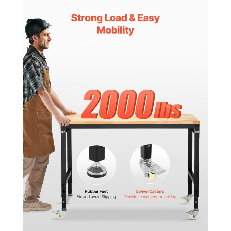 Adjustable Workbench with Power Outlet, Pegboard and Wheels Heavy Duty Wood Top image number 3