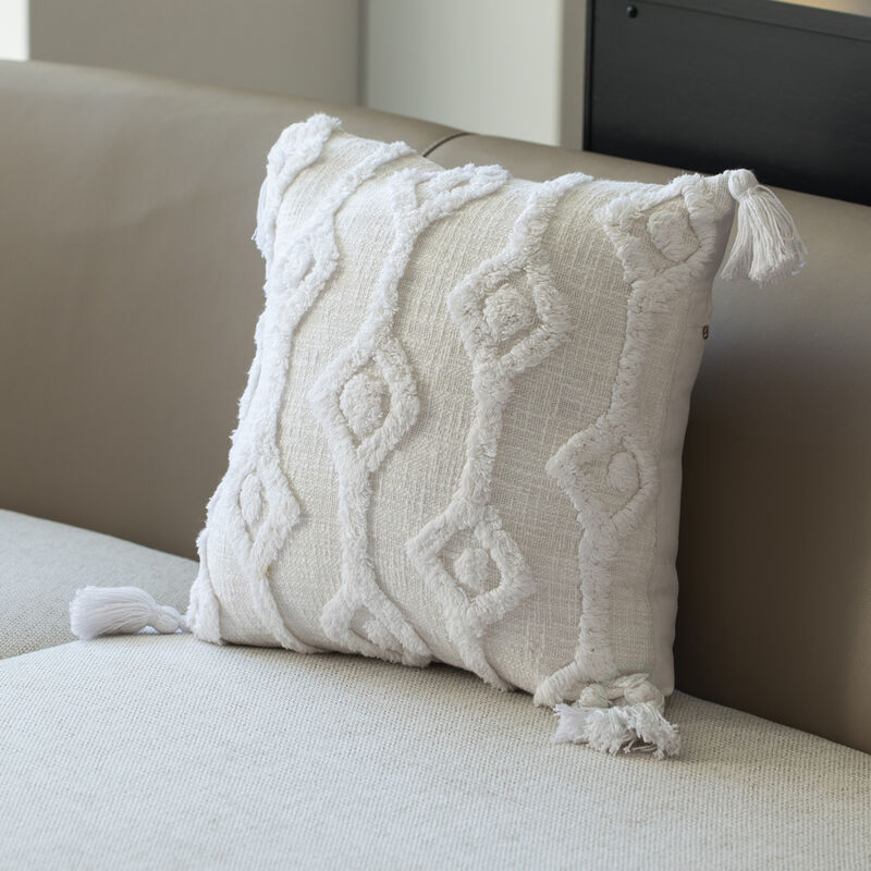 16" Handwoven Cotton Throw Pillow Cover with Small White Tufted Diamond Pattern and Tassel Corners with Filler, White