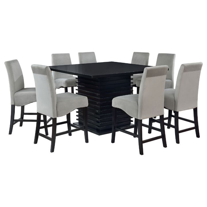 Tela 9pc Counter Height Dining Set, Black Wood Table, 8 Gray Chairs