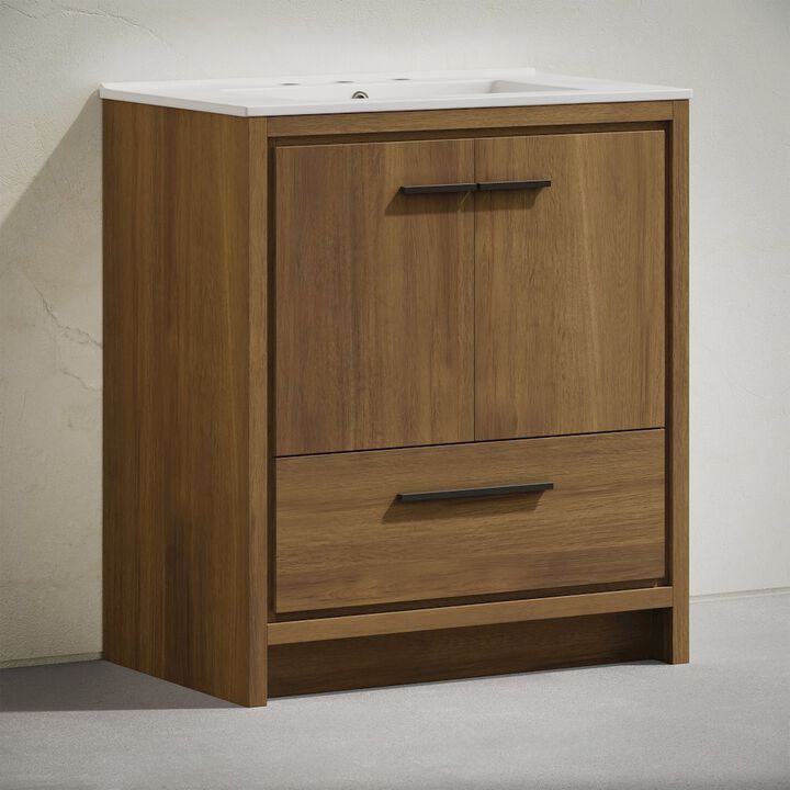 30" Freestanding Bathroom Vanity in Brown Oak with 3-Hole Widespread Sink Top