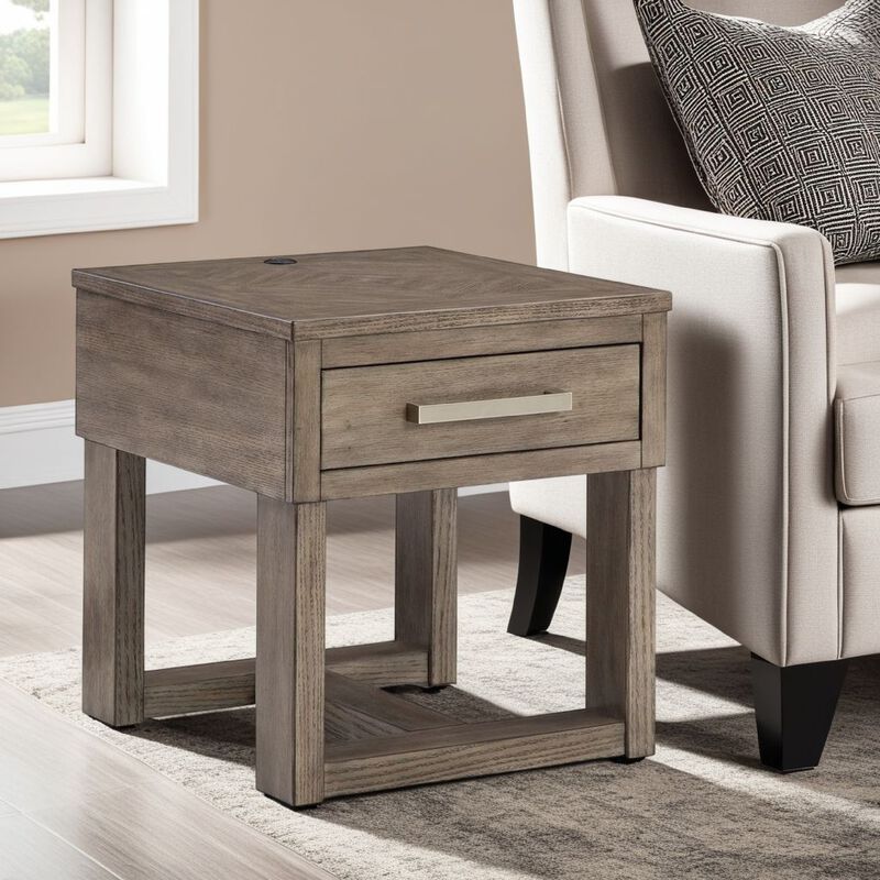 Aska Rectangular Side End Table with Drawer, USB Port, 24 Inch Gray