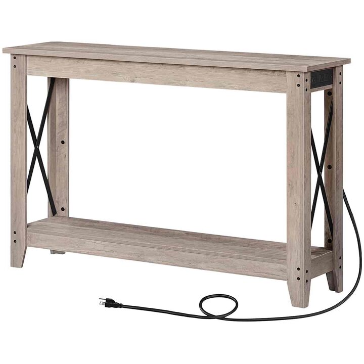 Farmhouse Entryway Console Table with Power Outlets & USB Charging -Greige
