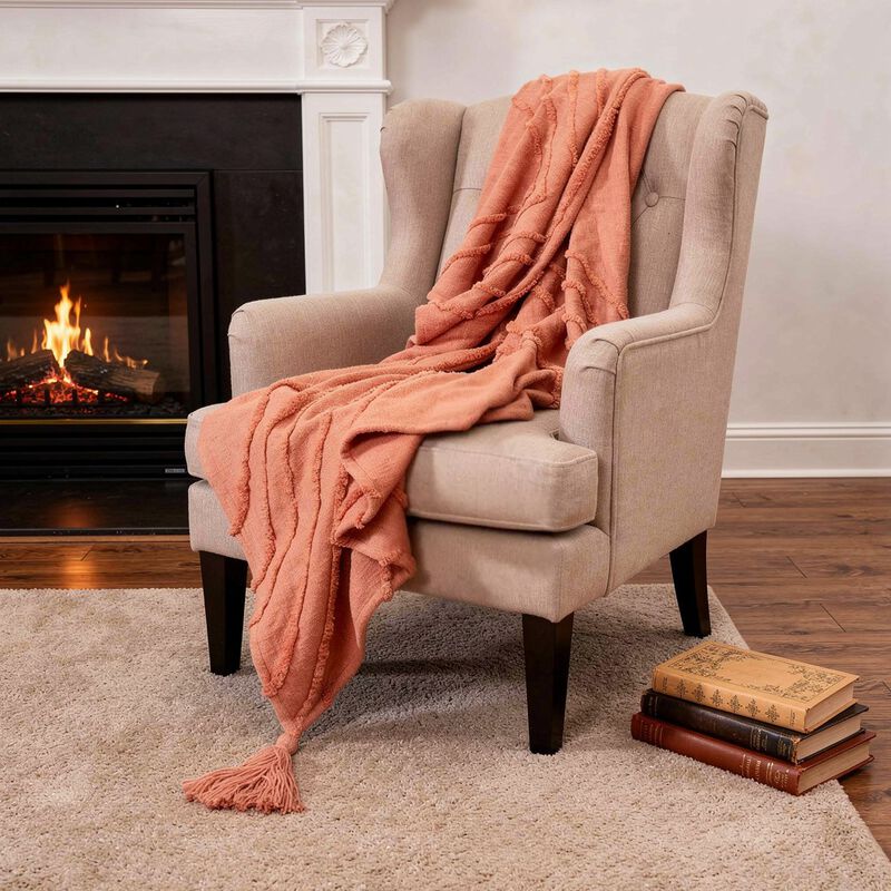 HomeRoots 50" X 60" Coral Cotton Woven Geometric Throw Blanket with Tassels image number 1