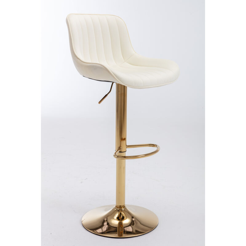 Chrome Footrest and Base Swivel Height Adjustable Mechanical Lifting Velvet + Golden Leg Simple Bar Stool, Set of 2, Ivory
