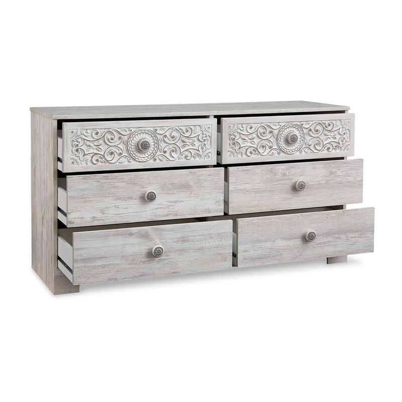 59 Inch Dresser, 6 Drawers, Medallion Design Front, Whitewashed MDF Frame