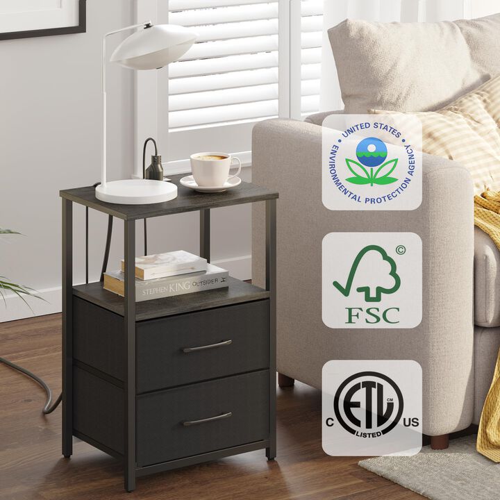 TUTOTAK End Table with Charging Station, Side Table with 2 USB Ports and Outlets, Nightstand with Cloth Drawer, Set of 2, Couch