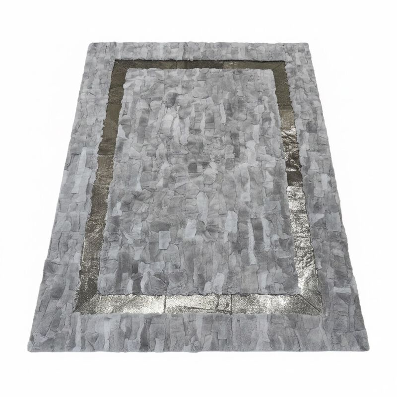 Gray Rabbit Fur Rug with Shiny Border, Soft Rex Rabbit Carpet, Custom Size Rectangular Area Rug, Luxury Fur Living Room Rug image number 0