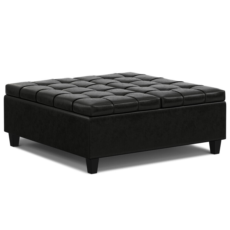 Harrison 40 inch Wide Transitional Square Large Coffee Table Storage Ottoman in Midnight Black Vegan Faux Leather, Assembled