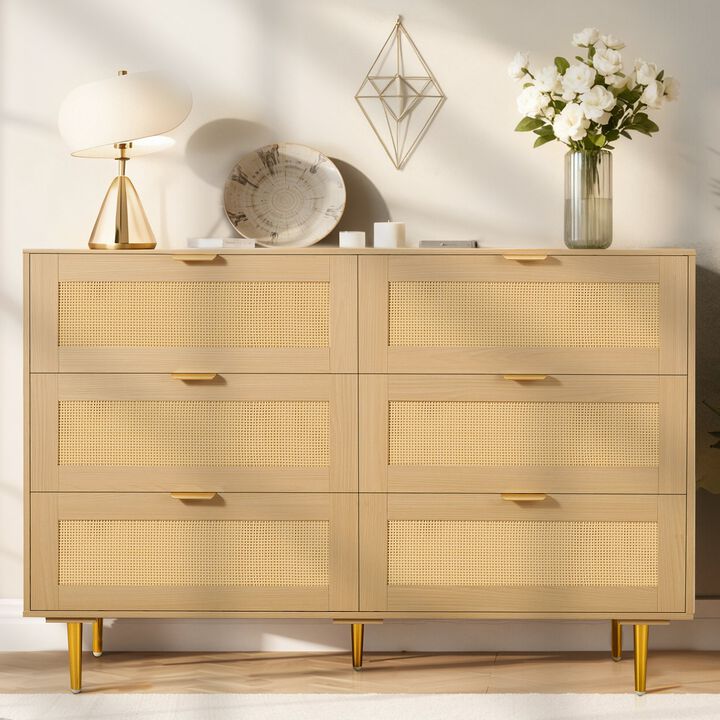 6 Drawer Rattan Dresser for Bedroom Living Room Hallway Use