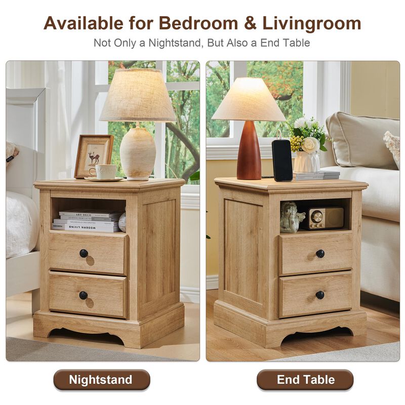 T4TREAM Nightstand with Charging Station Set of 2, Wood Rustic Sofa Side Table with Open Storage Shelf for Bedroom, 18 Inch Vint